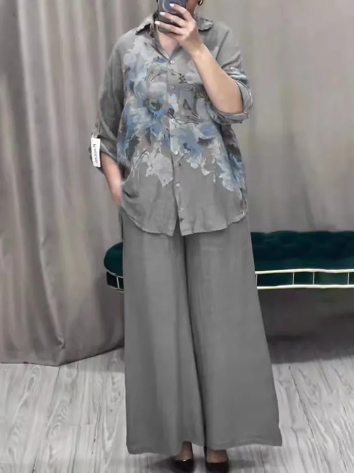 2 Pcs Women's Long Sleeve Floral Shirt Sets 573466