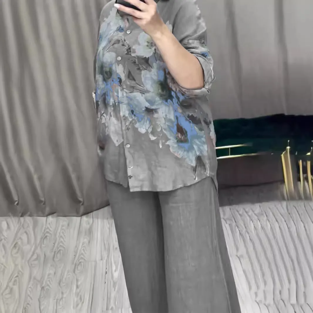 2 Pcs Women's Long Sleeve Floral Shirt Sets 573466