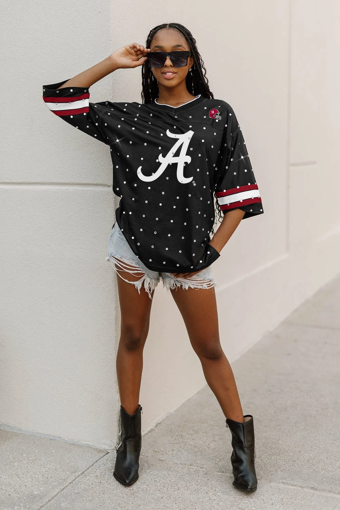 ALABAMA CRIMSON TIDE KICKOFF TIME ALL-OVER RHINESTONE V-NECK SPORTS STRIPE FASHION JERSEY TOP