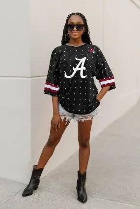 ALABAMA CRIMSON TIDE KICKOFF TIME ALL-OVER RHINESTONE V-NECK SPORTS STRIPE FASHION JERSEY TOP