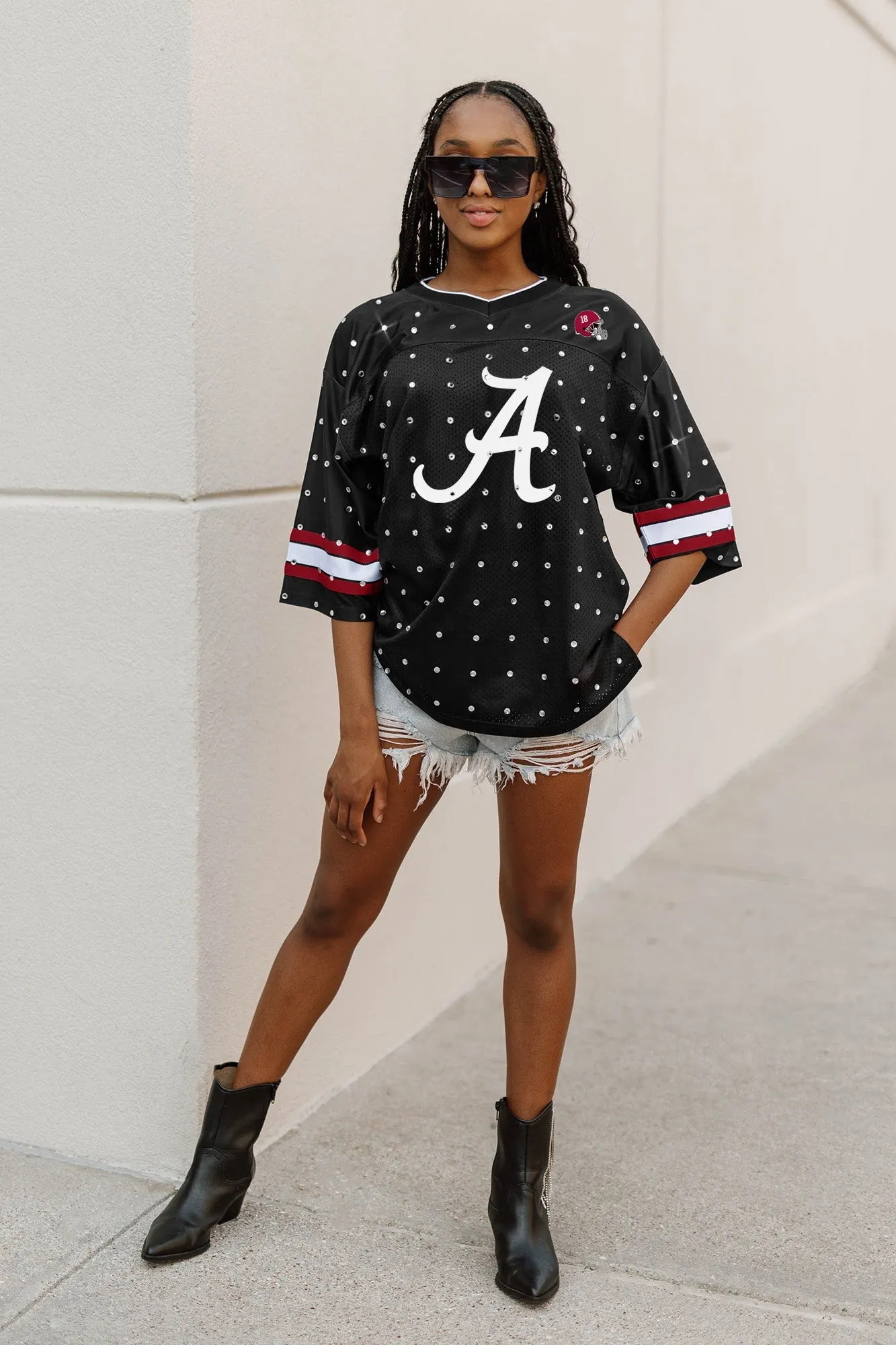 ALABAMA CRIMSON TIDE KICKOFF TIME ALL-OVER RHINESTONE V-NECK SPORTS STRIPE FASHION JERSEY TOP