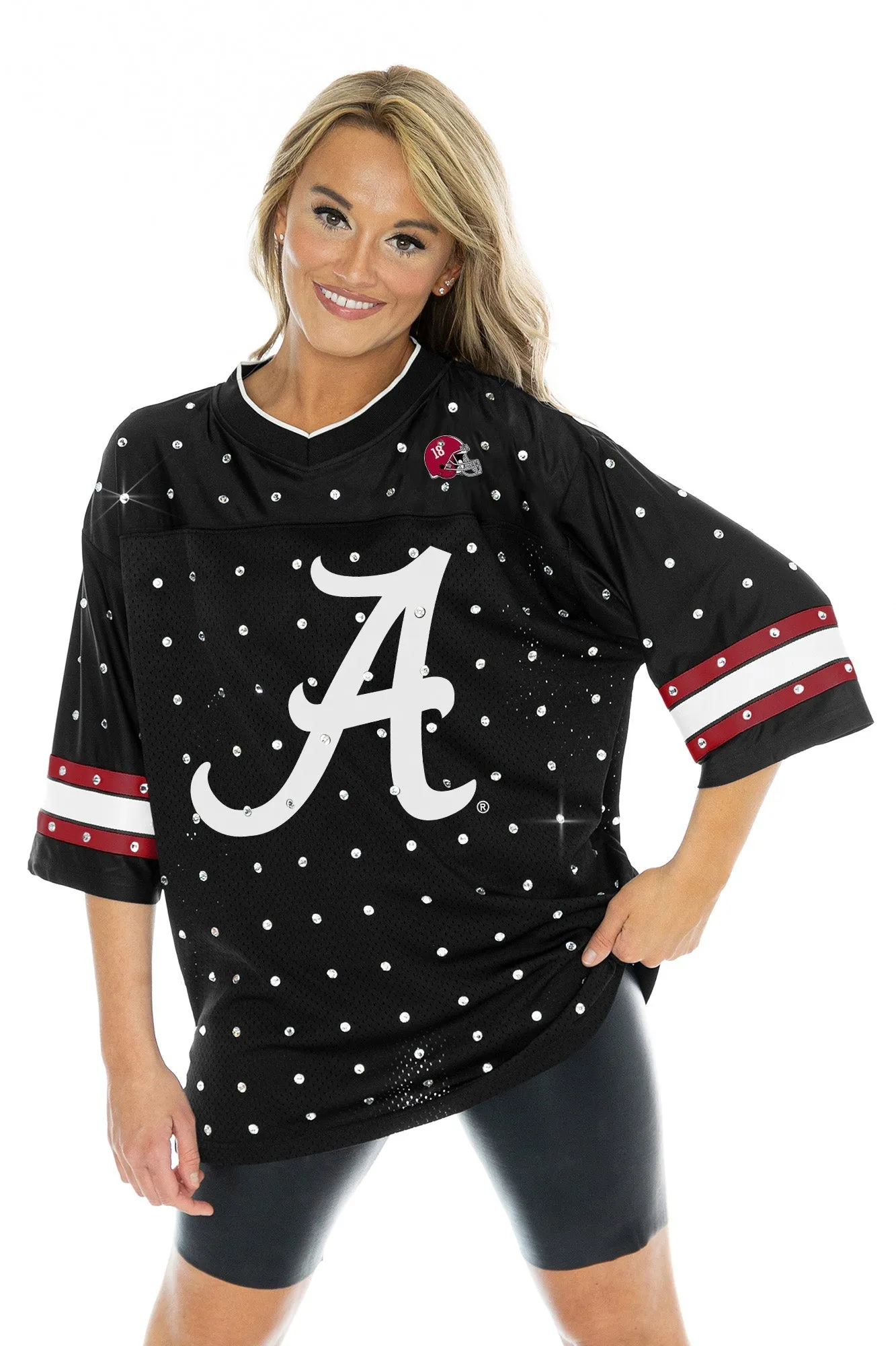 ALABAMA CRIMSON TIDE KICKOFF TIME ALL-OVER RHINESTONE V-NECK SPORTS STRIPE FASHION JERSEY TOP