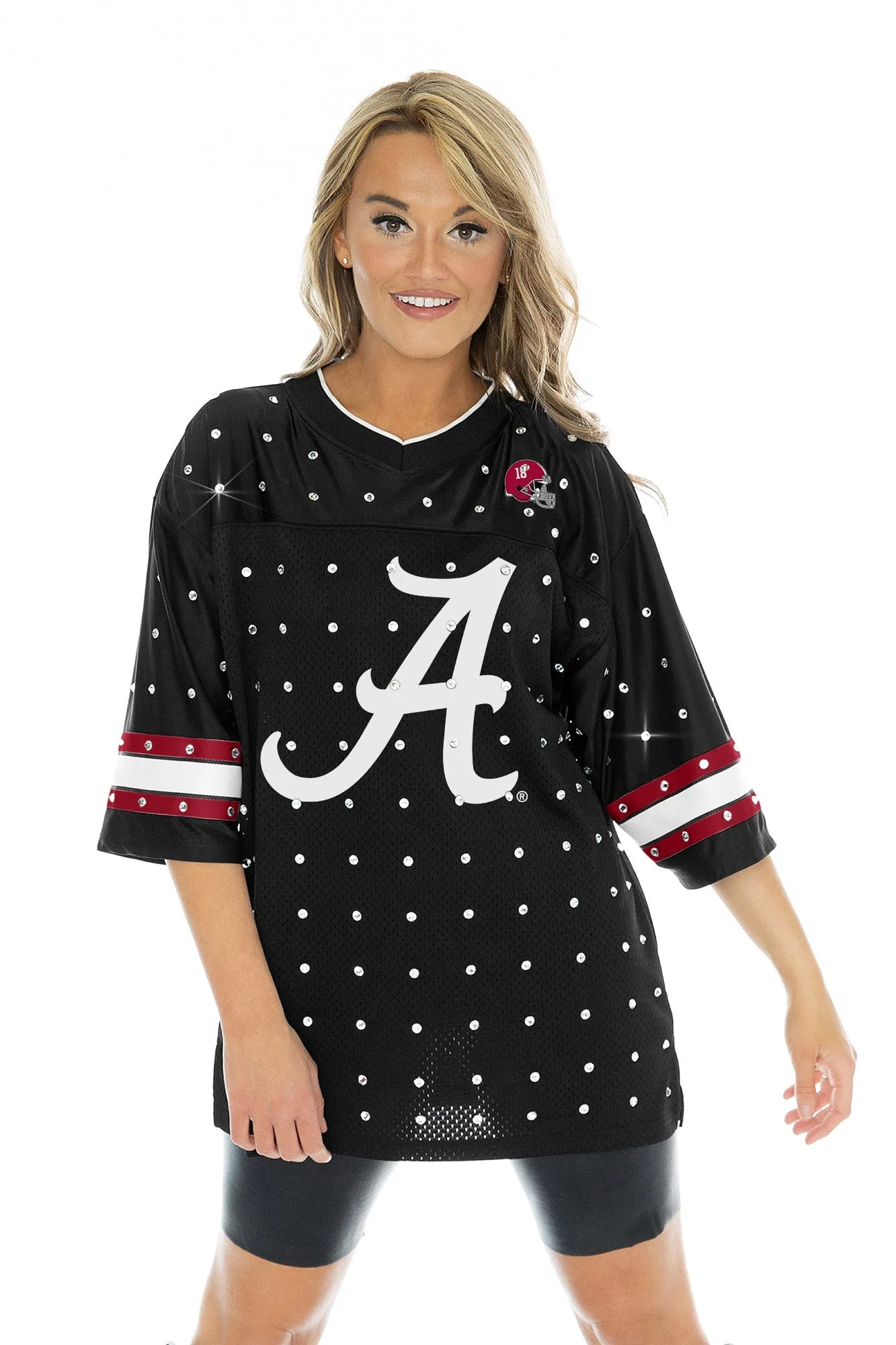 ALABAMA CRIMSON TIDE KICKOFF TIME ALL-OVER RHINESTONE V-NECK SPORTS STRIPE FASHION JERSEY TOP
