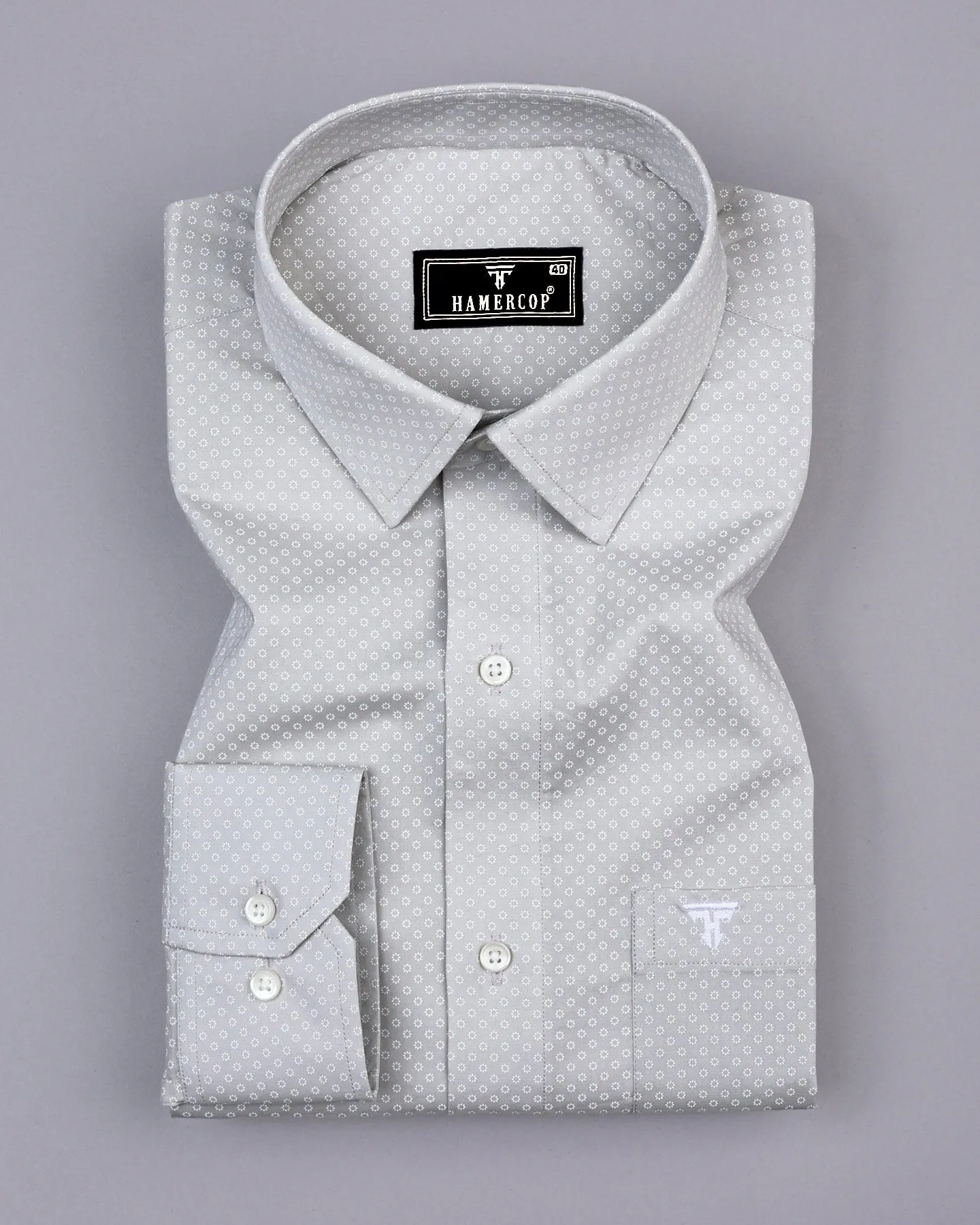 Gray With White Small Floral Printed Cotton Shirt