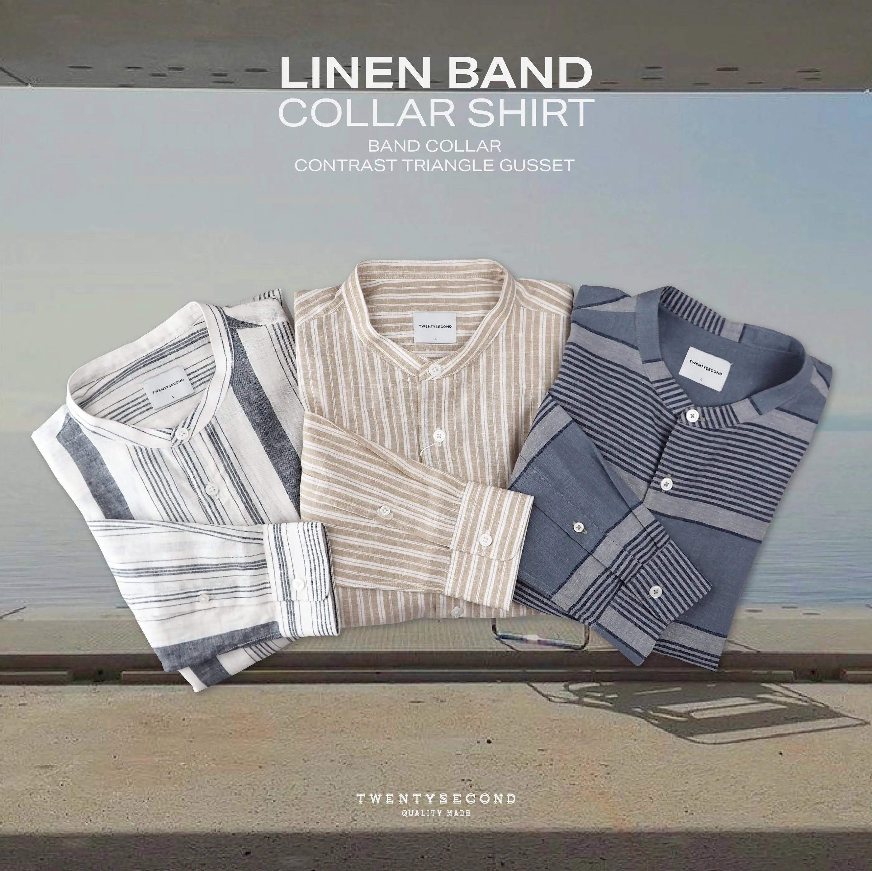 LINEN BAND COLLAR SHIRT - ST WHITE