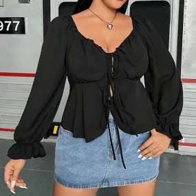 Plus Size Women Clothes French V neck Puff Sleeve Shirt High Grade Slim Fit Sexy Cardigan Solid Color Top