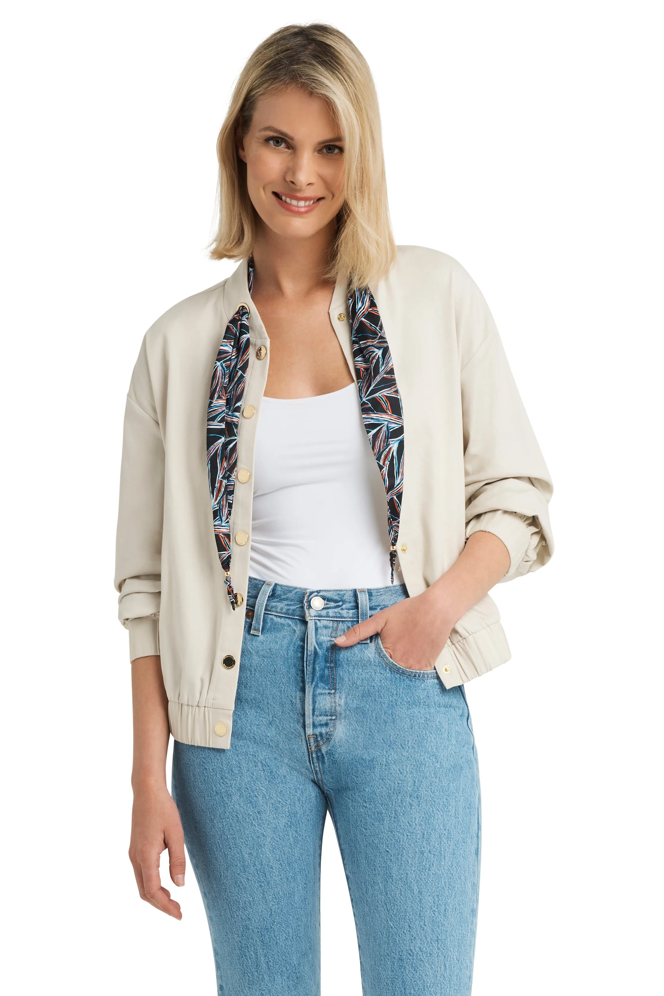 Printed Neck Scarf Bomber Jacket in Twill