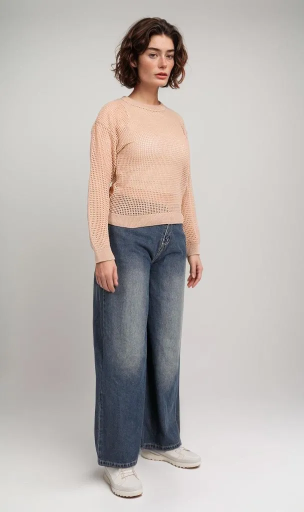 R205967-R205967 - Open Knit Pullover - Peach