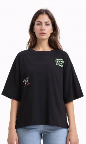 R209137 - Crew Neck Printed Relaxed Tee - Black