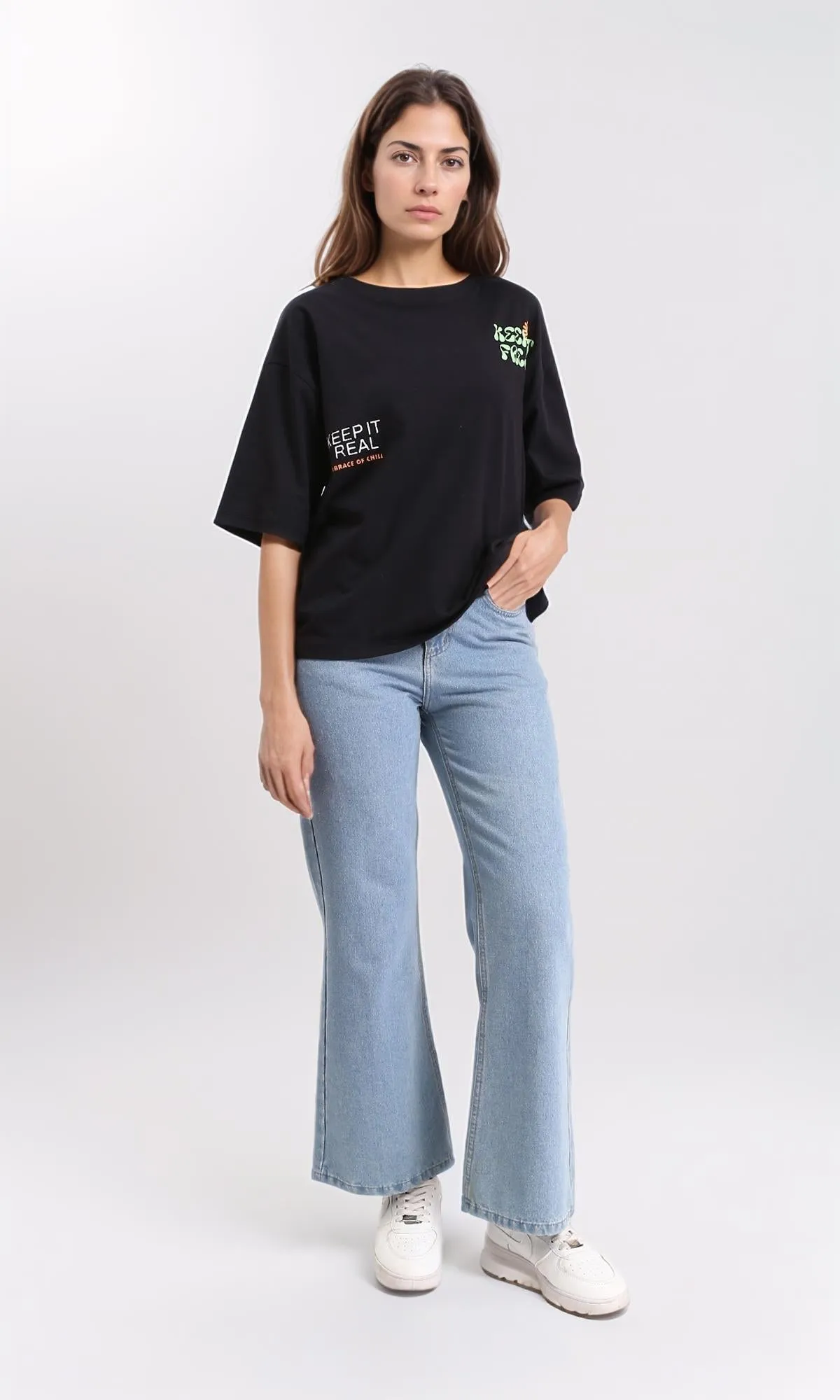 R209137 - Crew Neck Printed Relaxed Tee - Black