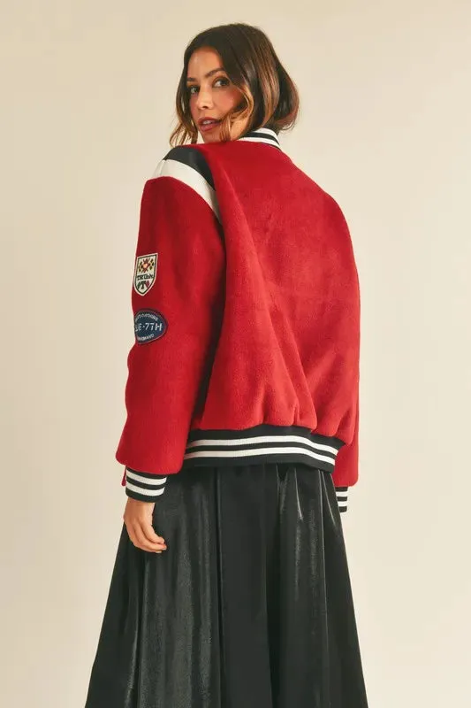 Red M Patch Varsity Bomber Jacket