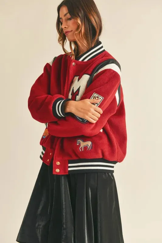 Red M Patch Varsity Bomber Jacket