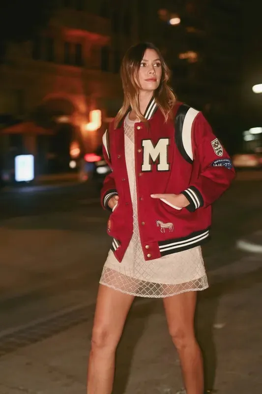 Red M Patch Varsity Bomber Jacket