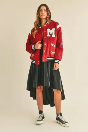 Red M Patch Varsity Bomber Jacket