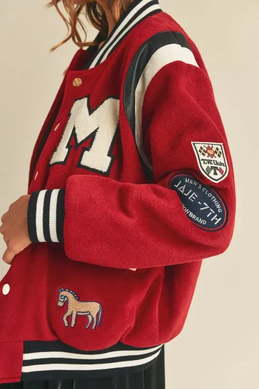 Red M Patch Varsity Bomber Jacket