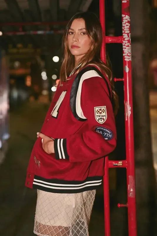 Red M Patch Varsity Bomber Jacket
