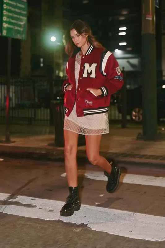Red M Patch Varsity Bomber Jacket