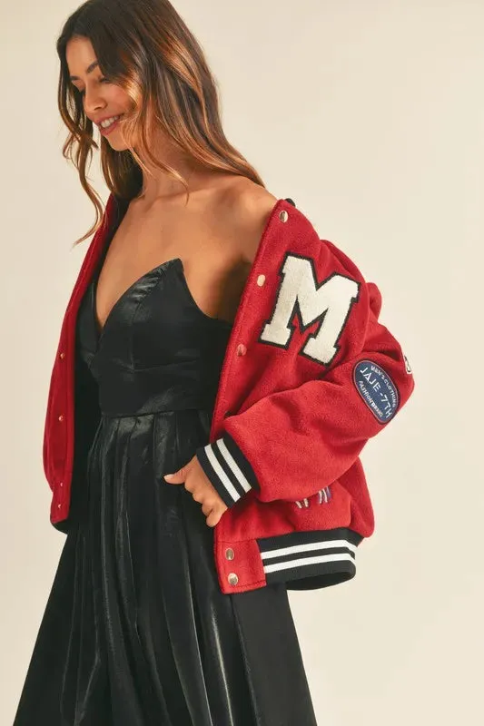 Red M Patch Varsity Bomber Jacket