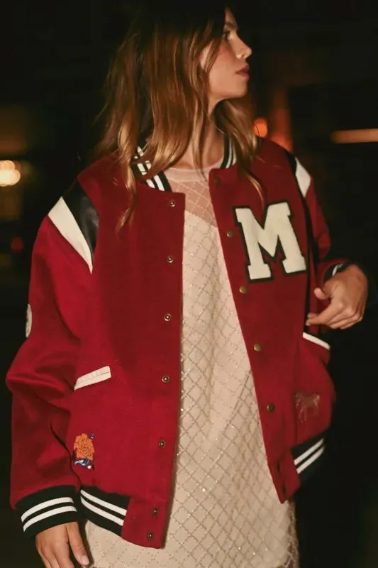 Red M Patch Varsity Bomber Jacket