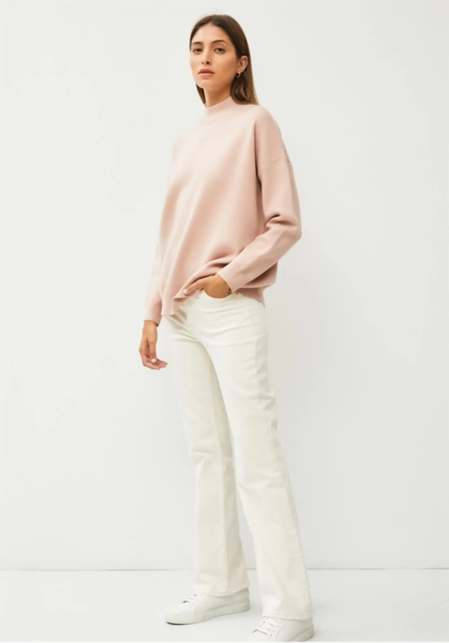 Sofie, Women’s Sweater, Butter Soft Mock Neck, Fine Guage Knit, Dusty Peach