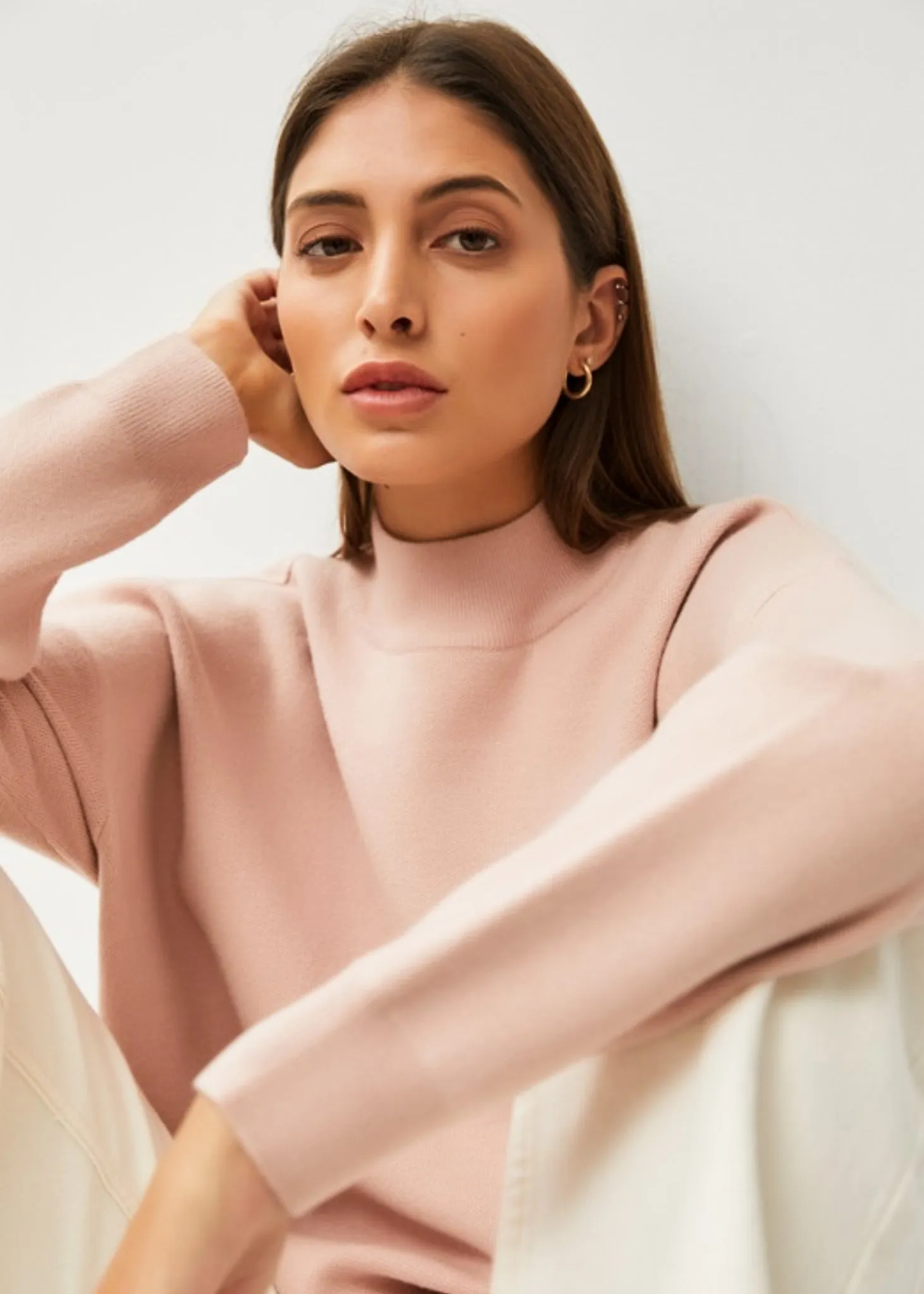 Sofie, Women’s Sweater, Butter Soft Mock Neck, Fine Guage Knit, Dusty Peach