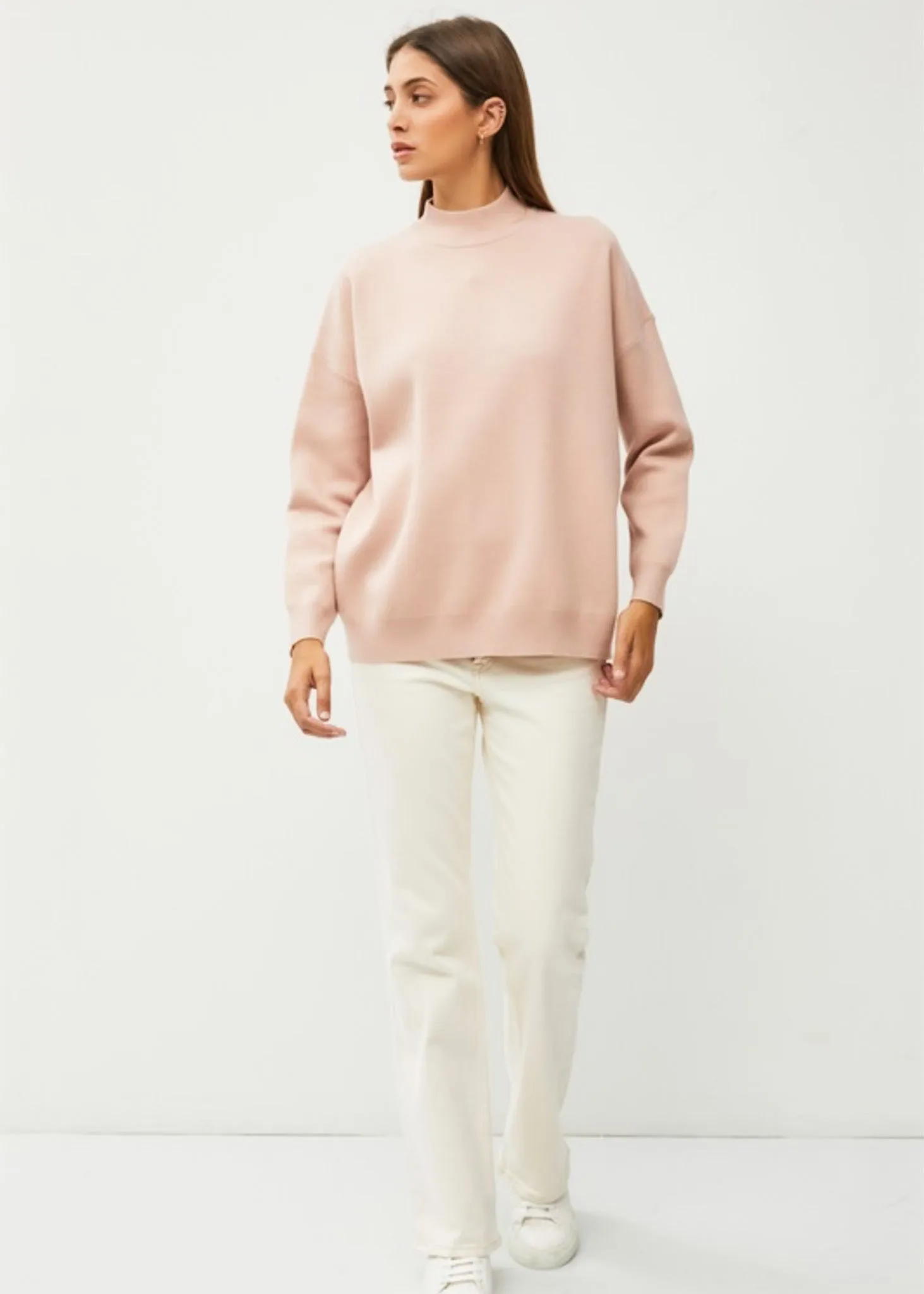 Sofie, Women’s Sweater, Butter Soft Mock Neck, Fine Guage Knit, Dusty Peach