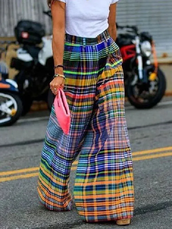 Stylish Selection Wide Leg Loose Checkerboard Printed Casual Pants Bottoms 114907