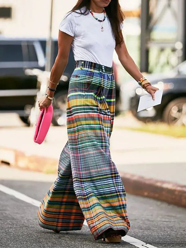Stylish Selection Wide Leg Loose Checkerboard Printed Casual Pants Bottoms 114907