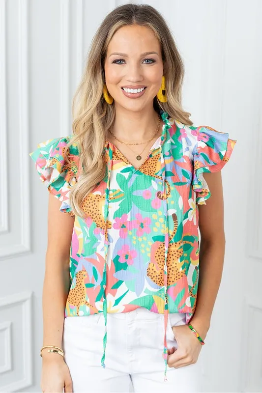 Women Ruffle Tie Split Neck Summer Floral Blouse