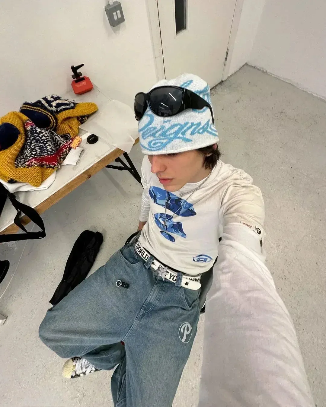 Y2K Men blue letter printed jeans high-end fashion hip-hop trend straight casual pants loose couple street American retro pants