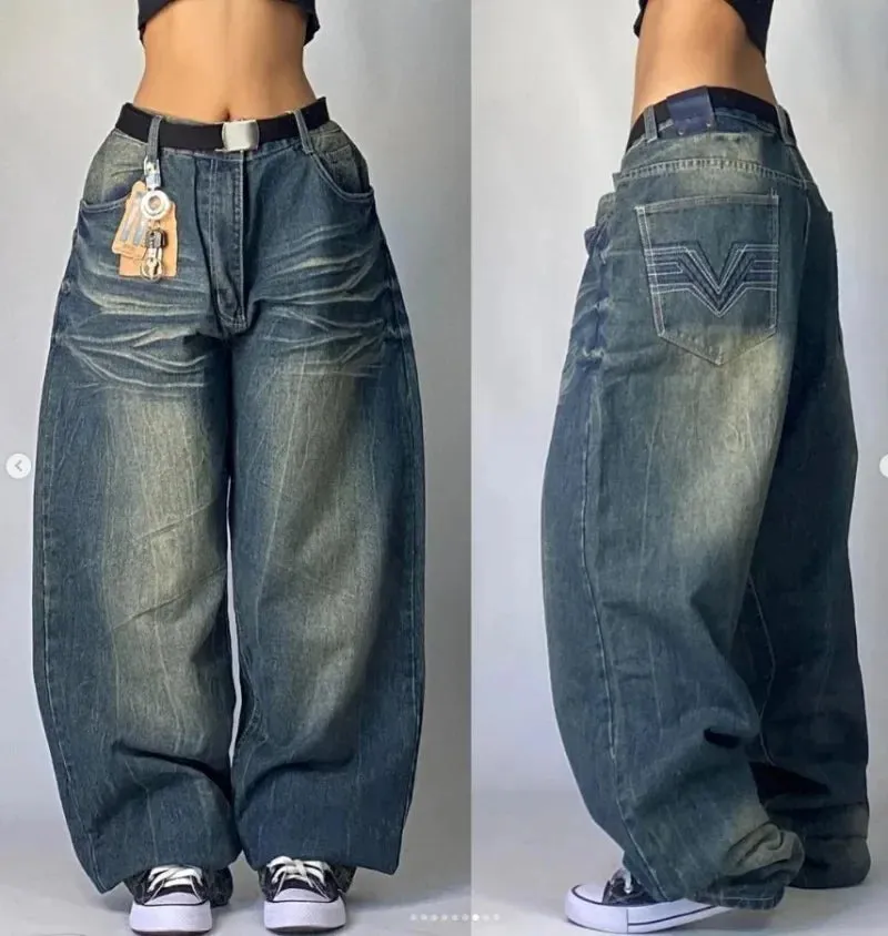 Y2K Men blue letter printed jeans high-end fashion hip-hop trend straight casual pants loose couple street American retro pants