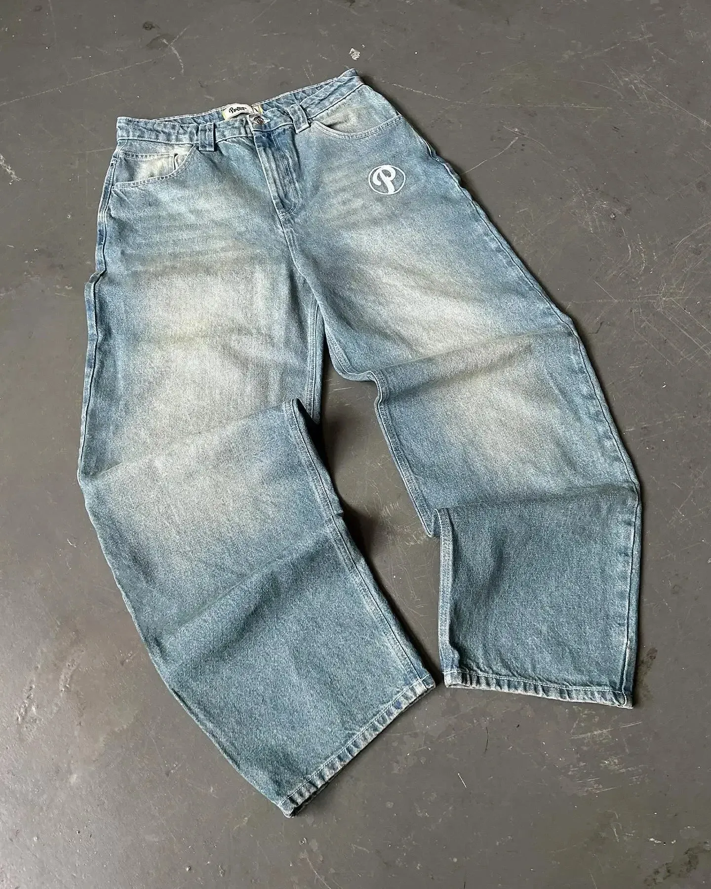Y2K Men blue letter printed jeans high-end fashion hip-hop trend straight casual pants loose couple street American retro pants